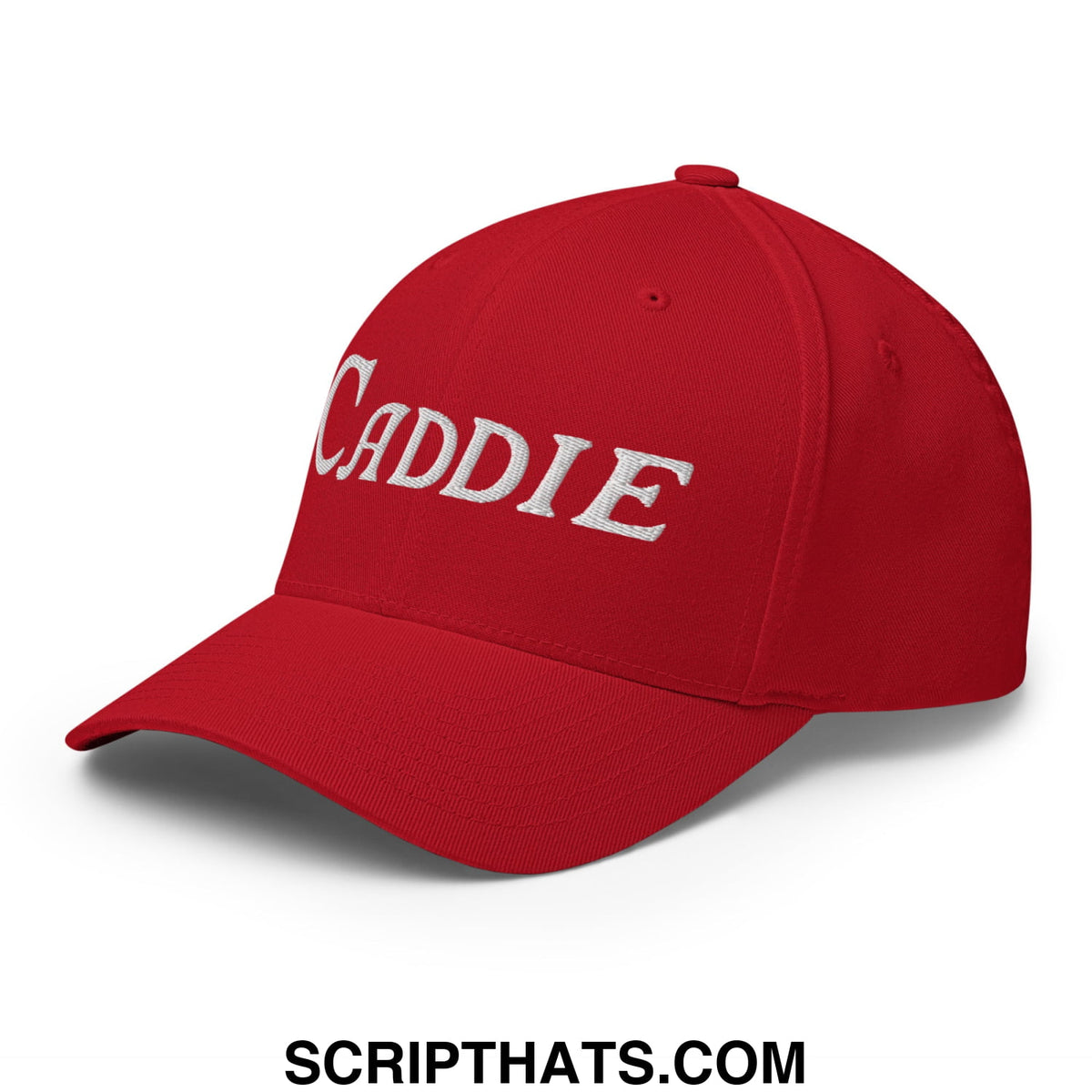 Red stretch fit golf hat with white embroidered caddie lettering designed for comfortable wear on the golf course
