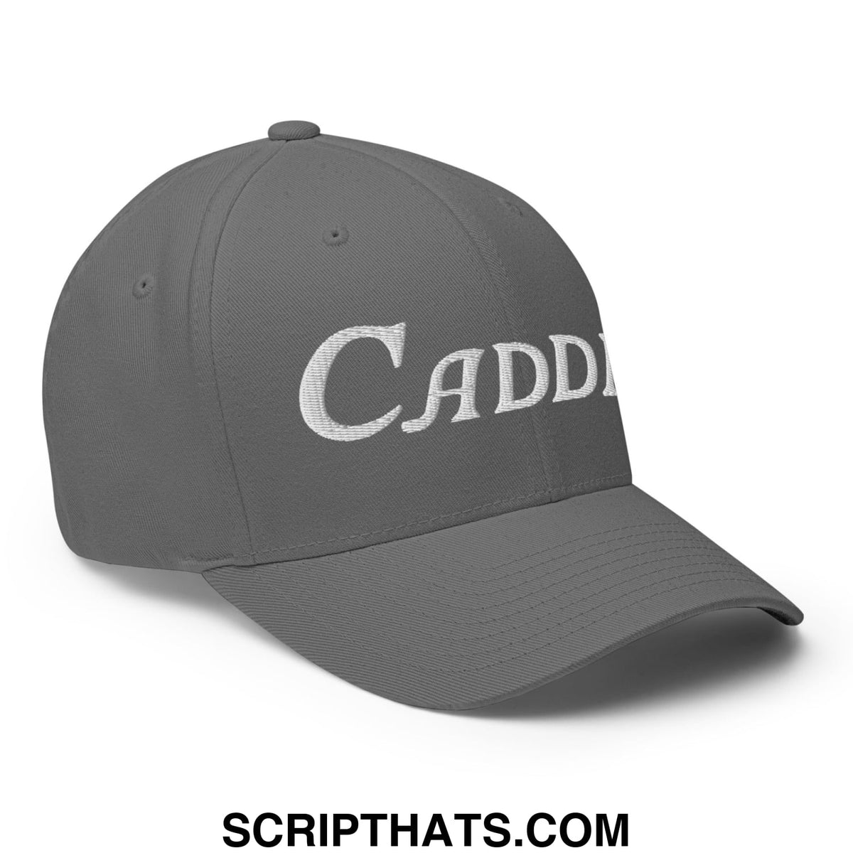 Gray stretch fit golf hat with white embroidered cadd lettering for caddie use