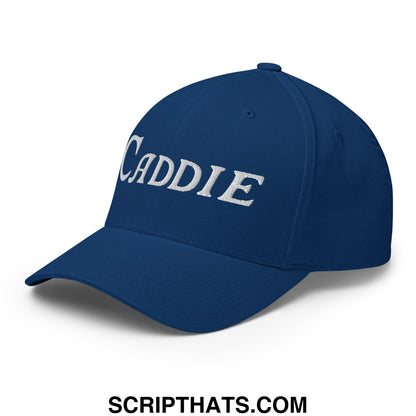 Navy blue stretch fit golf cap with white embroidered caddie lettering perfect for golf and casual wear