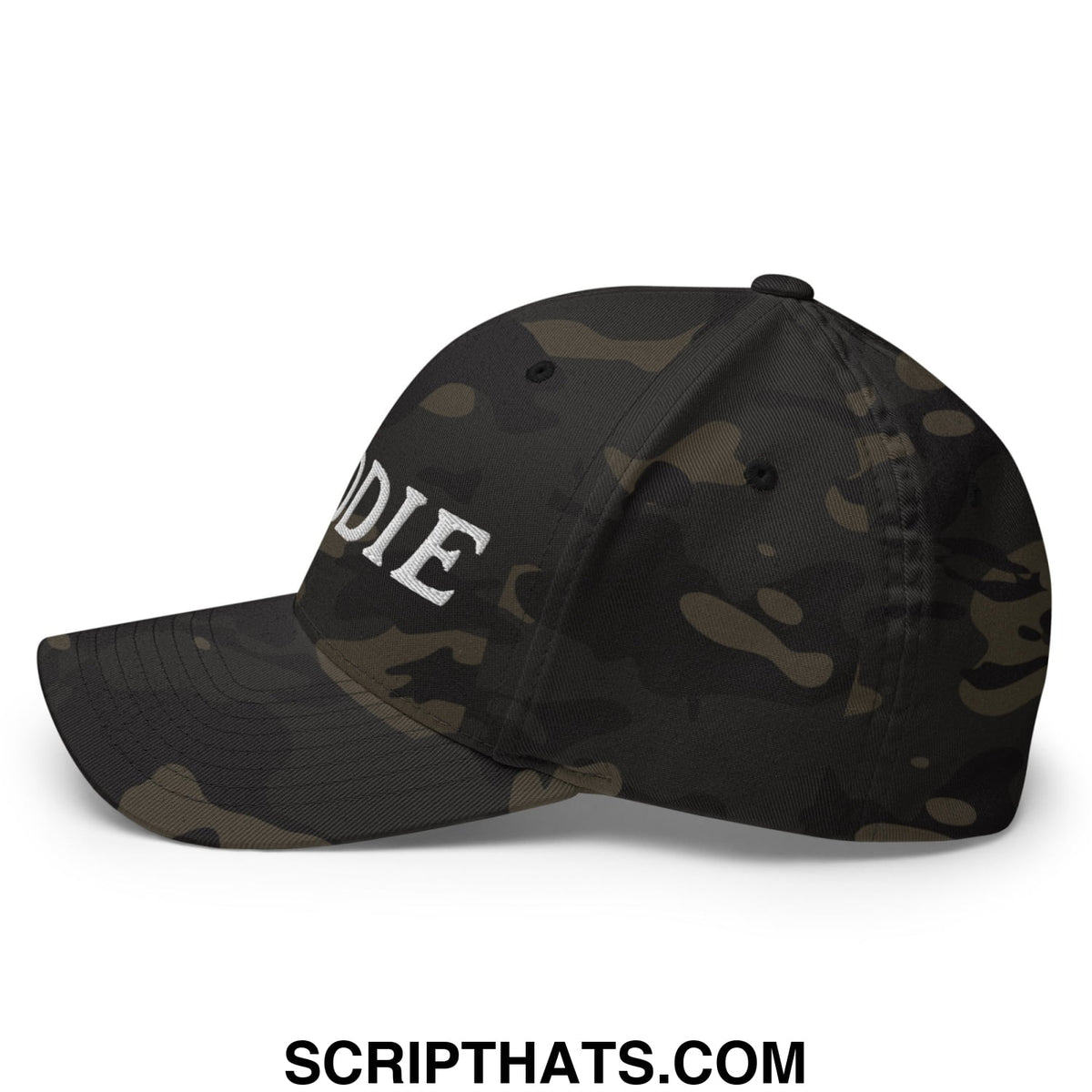 Black and olive camouflage caddie embroidered stretch fit golf hat with white die embroidery on front