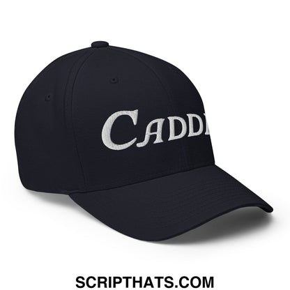 Black stretch fit golf hat with white embroidered cadd lettering designed for golf enthusiasts