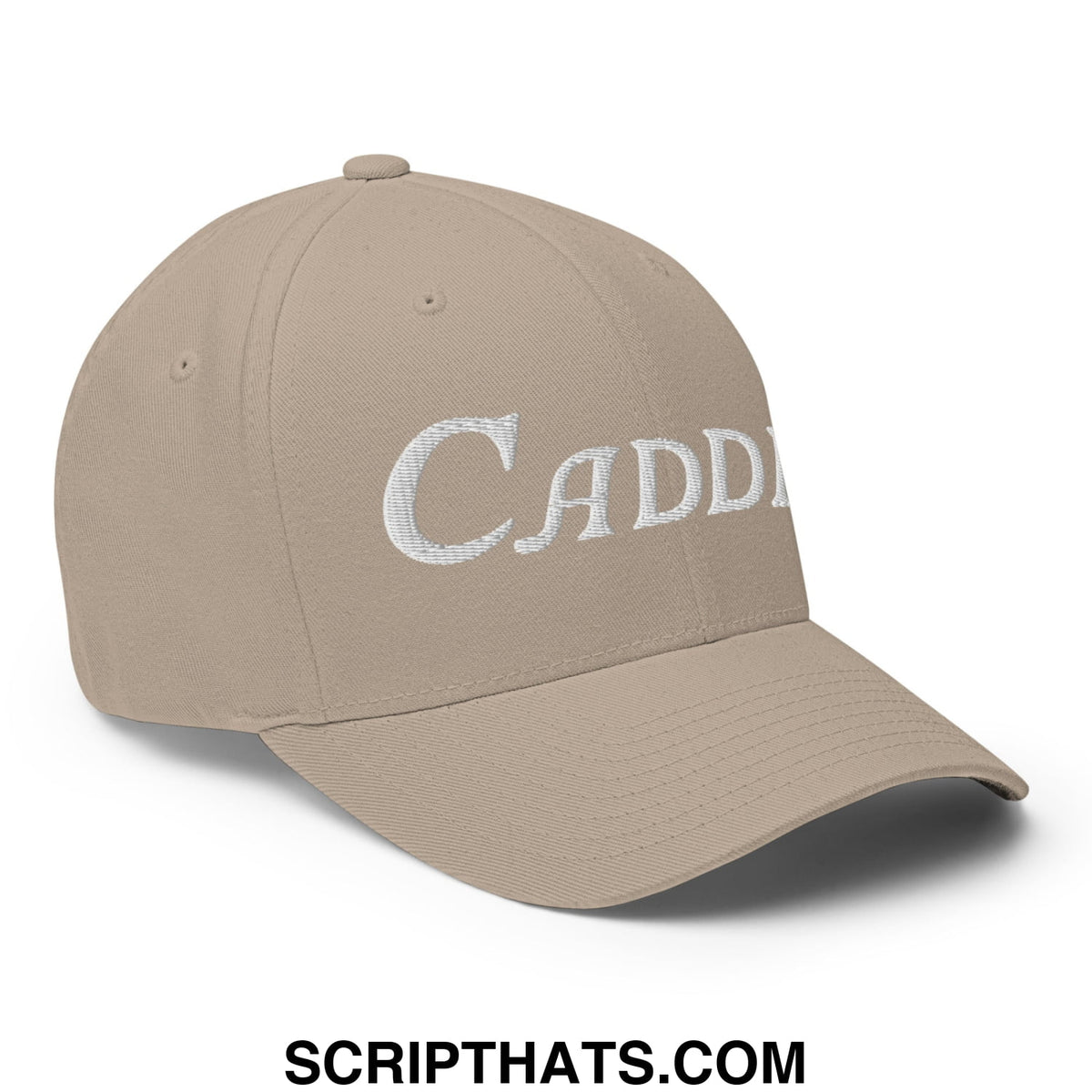 Beige stretch fit golf hat with white embroidered script lettering designed for caddie use