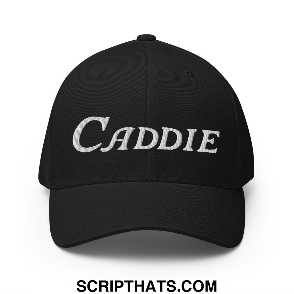 Black stretch fit golf hat with white embroidered caddie lettering on front panel for outdoor sports use