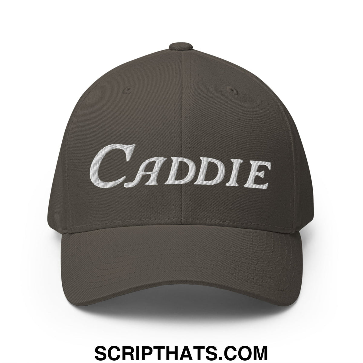 A dark olive green stretch fit golf hat with caddie embroidered in white script on the front