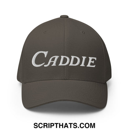 A dark olive green stretch fit golf hat with caddie embroidered in white script on the front