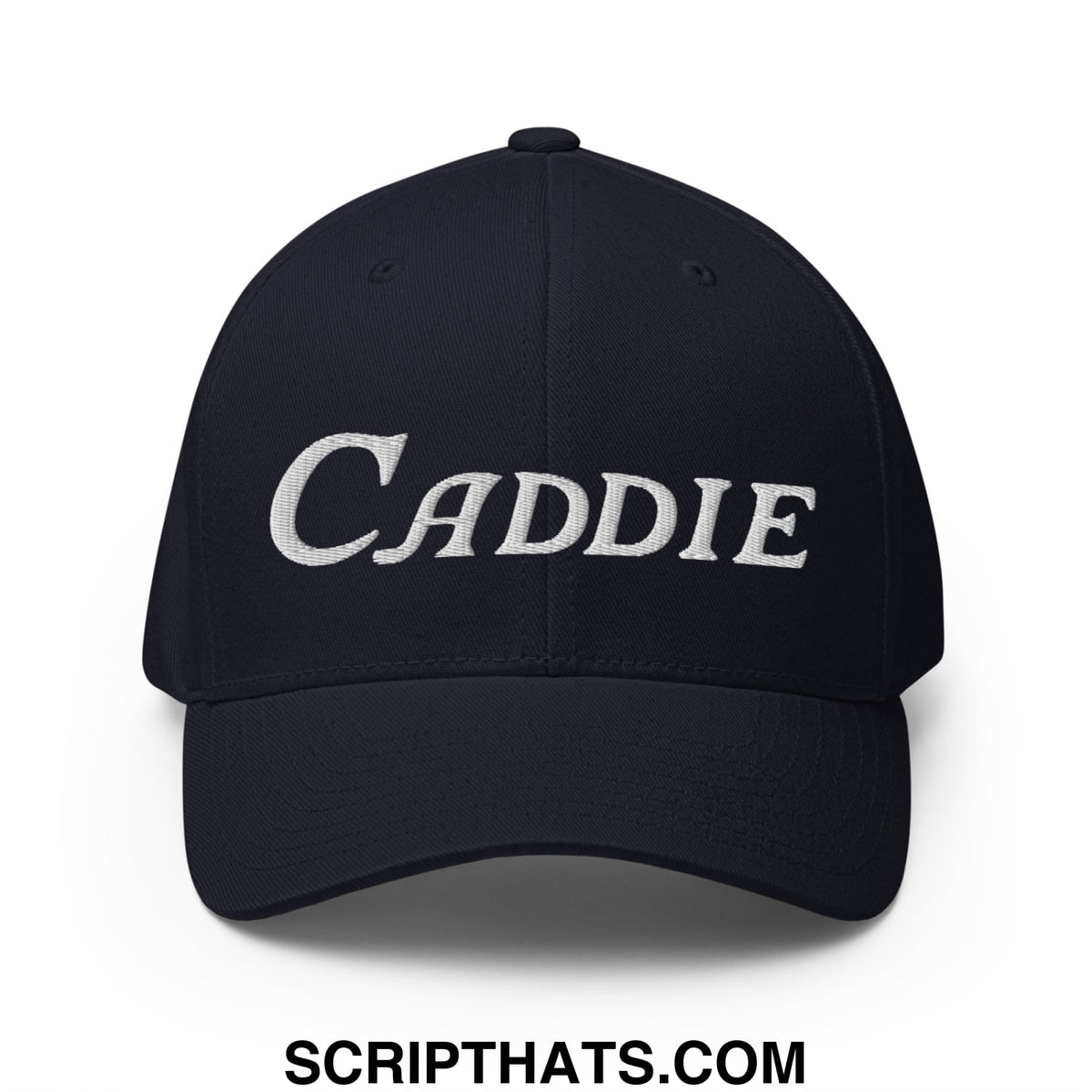 Black stretch fit golf hat with white embroidered caddie in cursive script on front panel