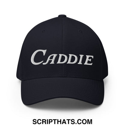 Black stretch fit golf hat with white embroidered caddie in cursive script on front panel