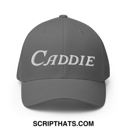 Gray stretch fit golf hat with white embroidered caddie script across the front panel