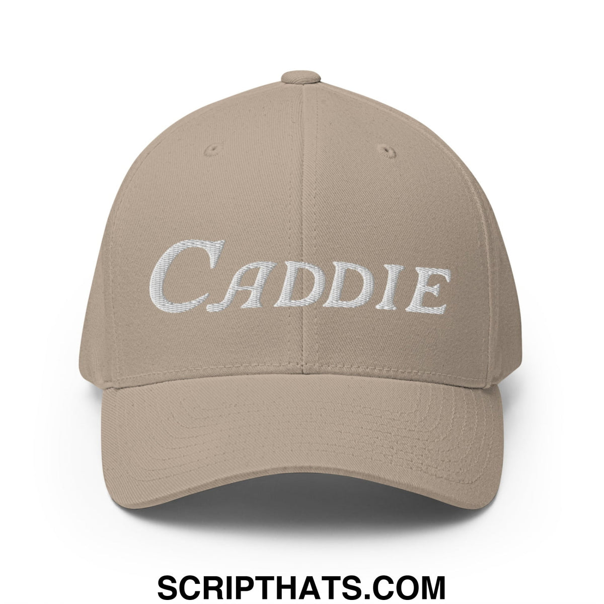 Beige stretch fit golf hat with white embroidered caddie script across the front for comfortable on-course wear