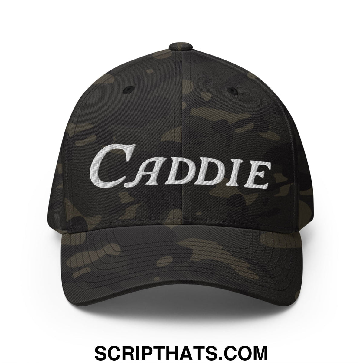 Black camouflage stretch fit golf hat with white embroidered caddie lettering on the front panel