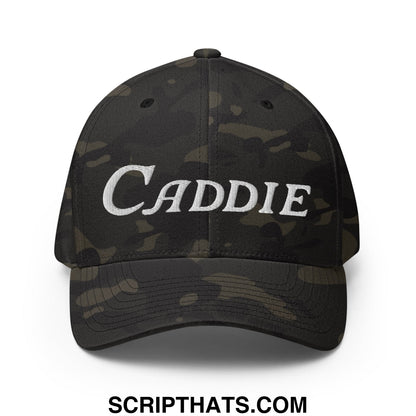 Black camouflage stretch fit golf hat with white embroidered caddie lettering on the front panel