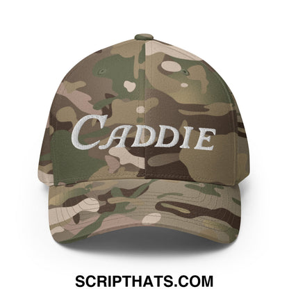 A camouflage stretch fit baseball cap with caddie embroidered in white thread for golf use