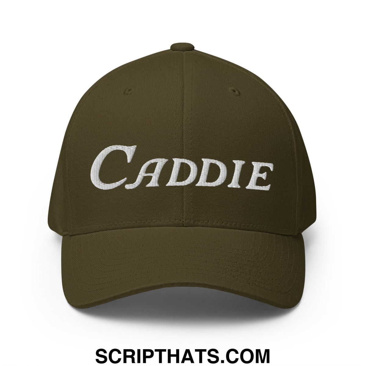 Olive green stretch fit golf hat with white embroidered caddie script on front designed for golfers