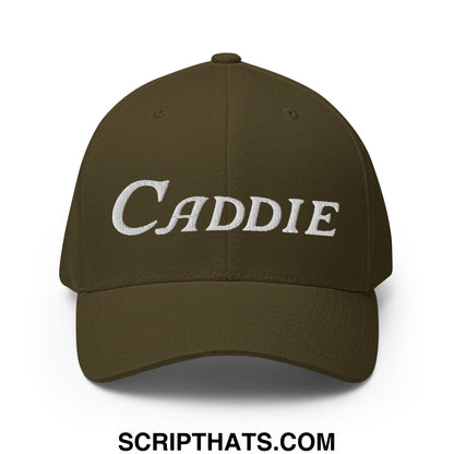 Olive green stretch fit golf hat with white embroidered caddie script on front designed for golfers