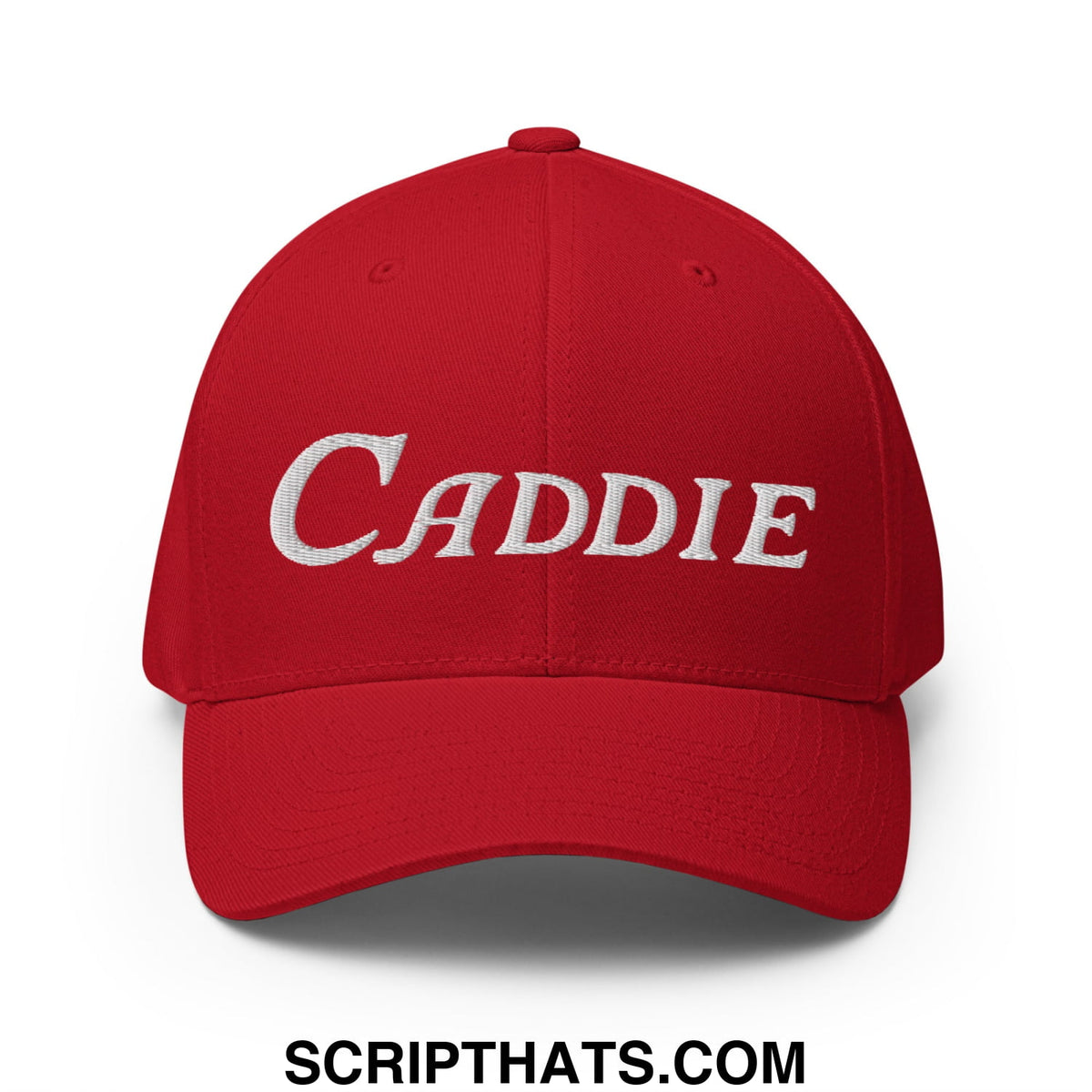 Red stretch fit golf hat with white embroidered caddie lettering on front panel