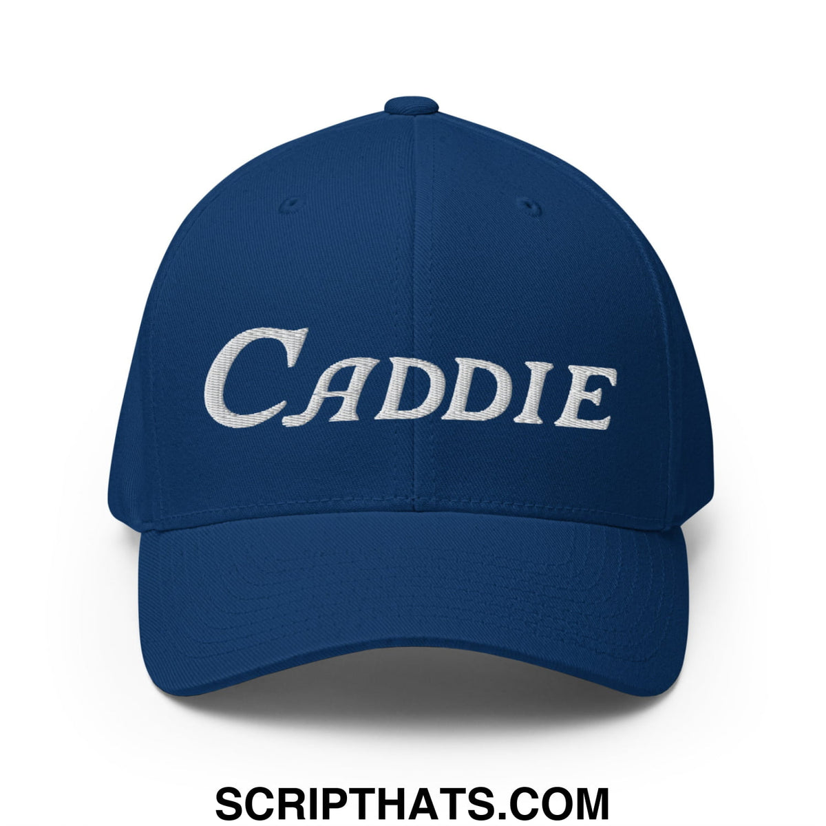 Navy blue stretch fit golf hat with white embroidered caddie lettering for comfortable on-course wear