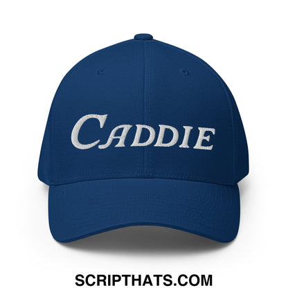 Navy blue stretch fit golf hat with white embroidered caddie lettering for comfortable on-course wear