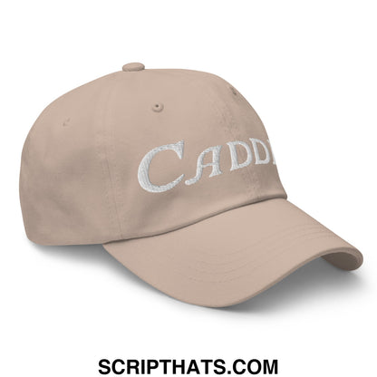 Beige unstructured golf dad hat with white embroidered cadd lettering ideal for casual outdoor wear
