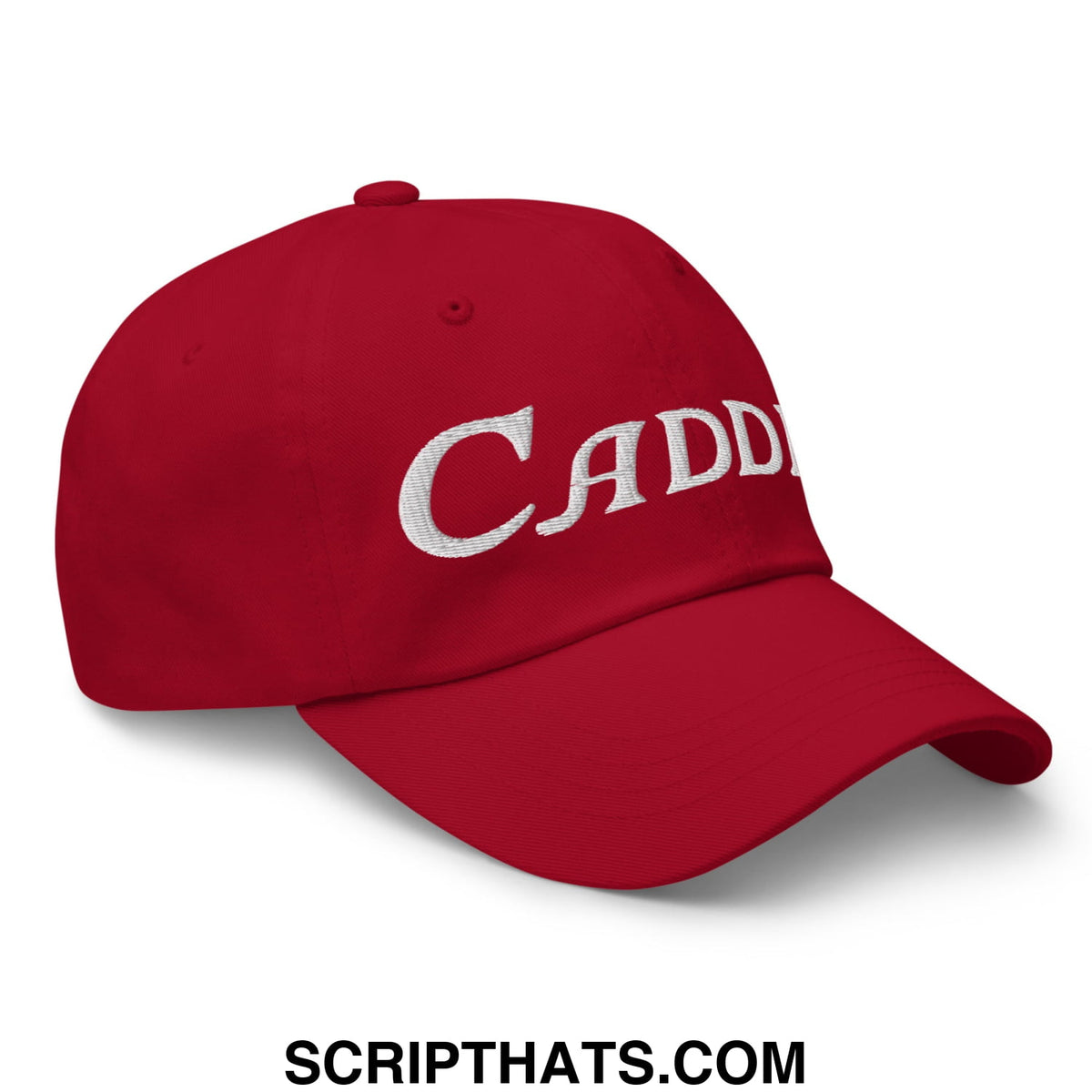 Red unstructured golf dad hat with white embroidered cadd lettering ideal for golf and casual wear