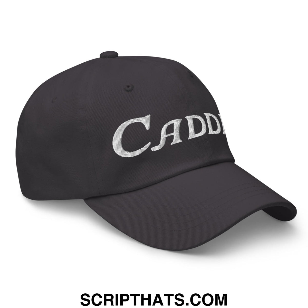 Black unstructured golf dad hat with white embroidered cadd lettering ideal for casual outdoor wear