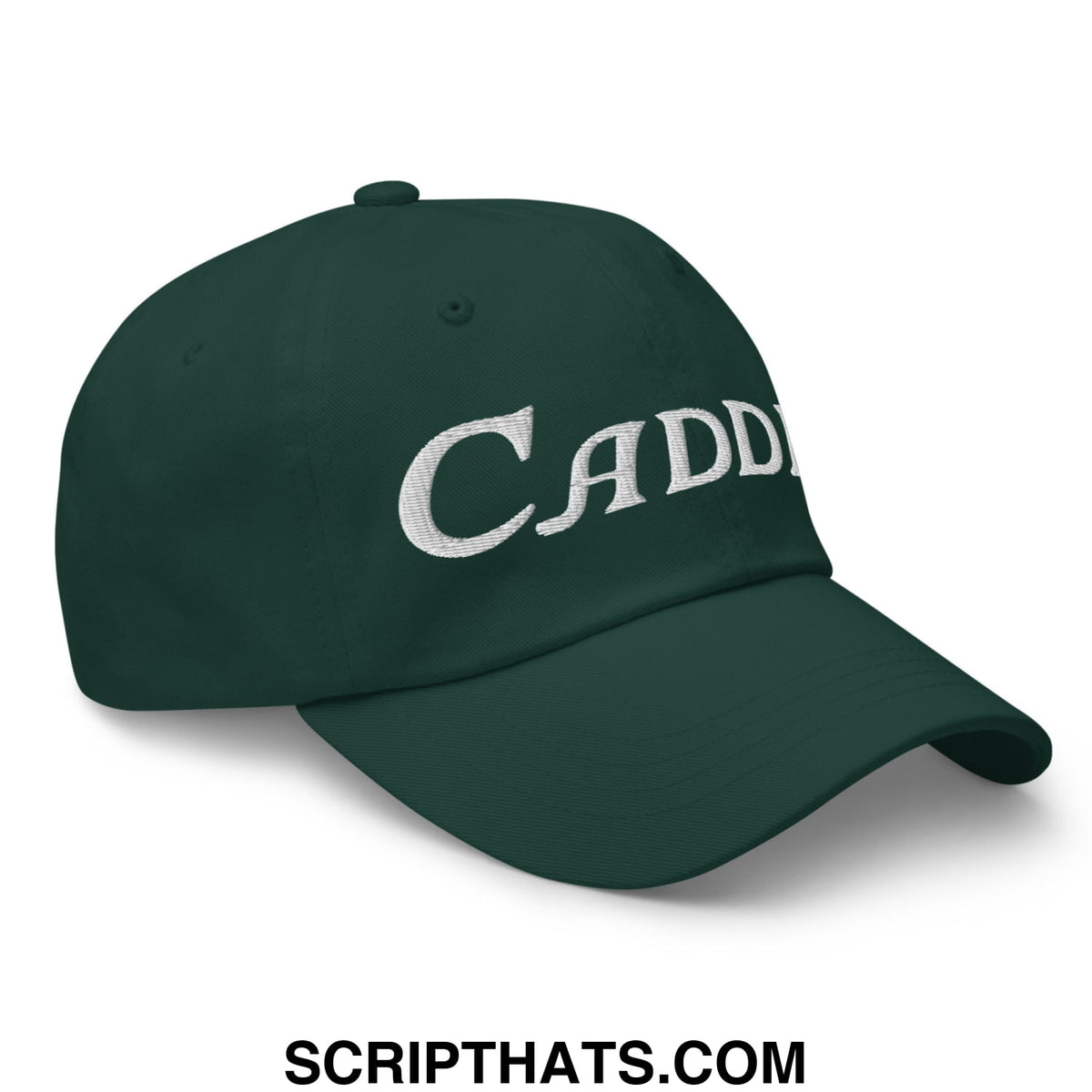 Dark green unstructured golf dad hat with white embroidered cadd lettering designed for caddies and golfers