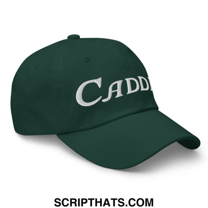 Dark green unstructured golf dad hat with white embroidered cadd lettering designed for caddies and golfers