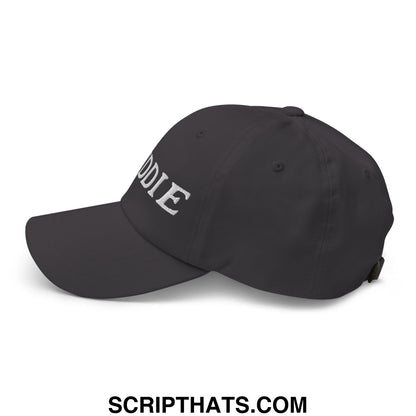 Black unstructured golf dad hat with white embroidered caddie lettering on the front