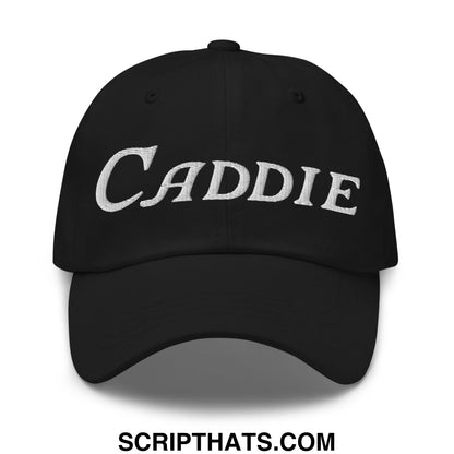 Black unstructured golf dad hat with white embroidered caddie script lettering on front