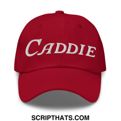 Red unstructured golf dad hat with white embroidered caddie lettering on front for casual outdoor use