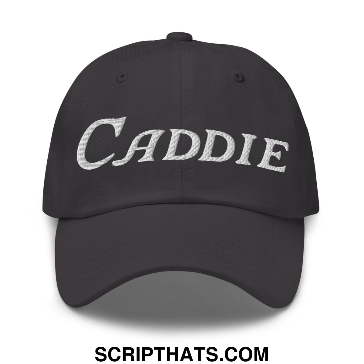 Black unstructured golf dad hat with white embroidered caddie script on front for casual outdoor wear
