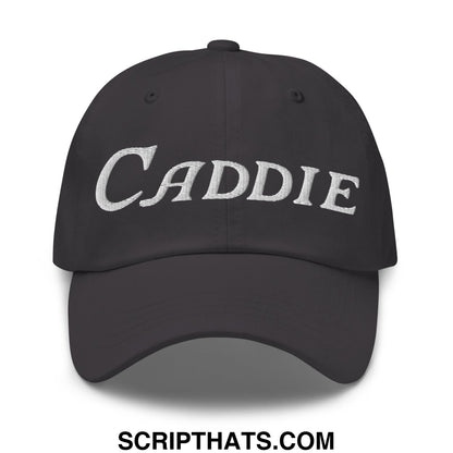 Black unstructured golf dad hat with white embroidered caddie script on front for casual outdoor wear