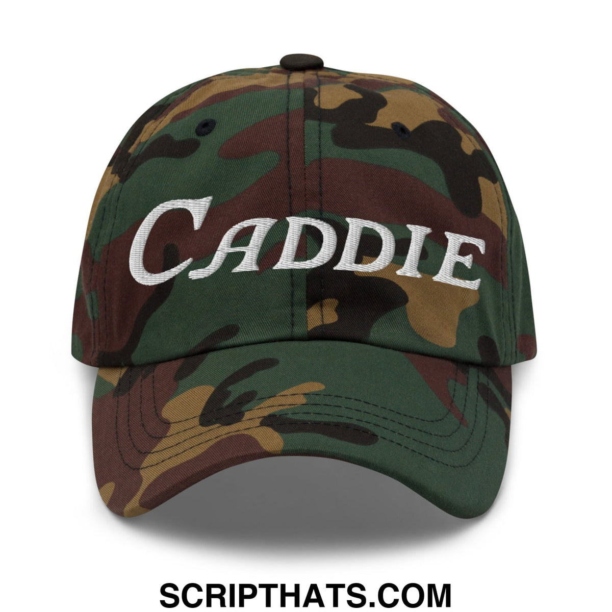 Caddie embroidered unstructured golf dad hat in camo with white script embroidery on the front panel