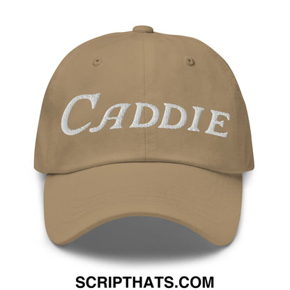 Beige unstructured golf dad hat with white embroidered caddie script font design for casual outdoor wear