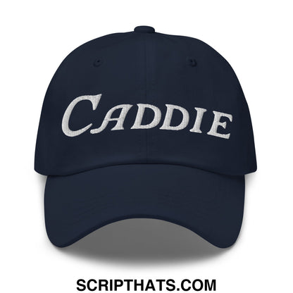 Navy blue unstructured golf dad hat with white embroidered caddie in cursive script on the front