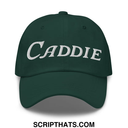Dark green unstructured golf dad hat with white embroidered caddie lettering for casual outdoor use