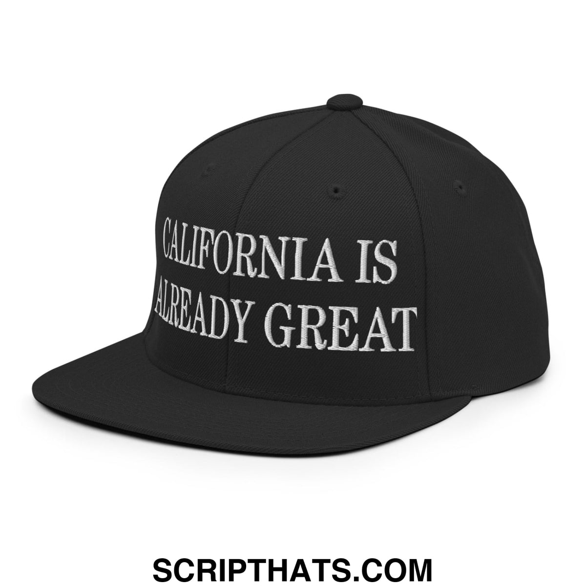 Black snapback cap with white embroidered california is already great text and flat bill brim design