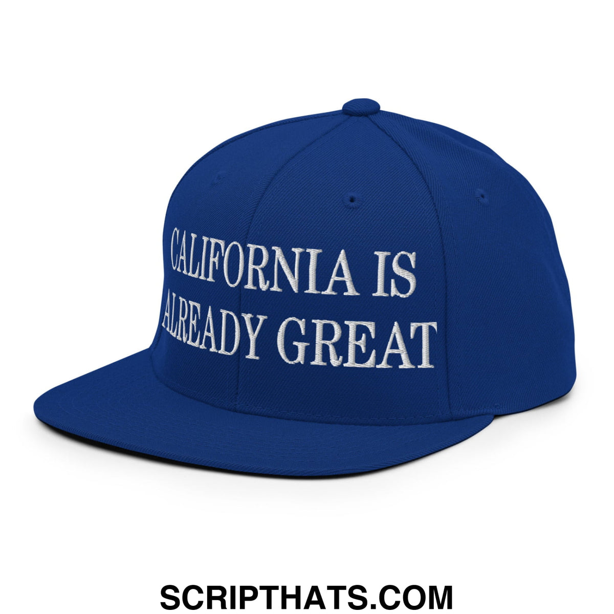 Royal blue snapback hat with white embroidered california is already great text and flat bill brim design