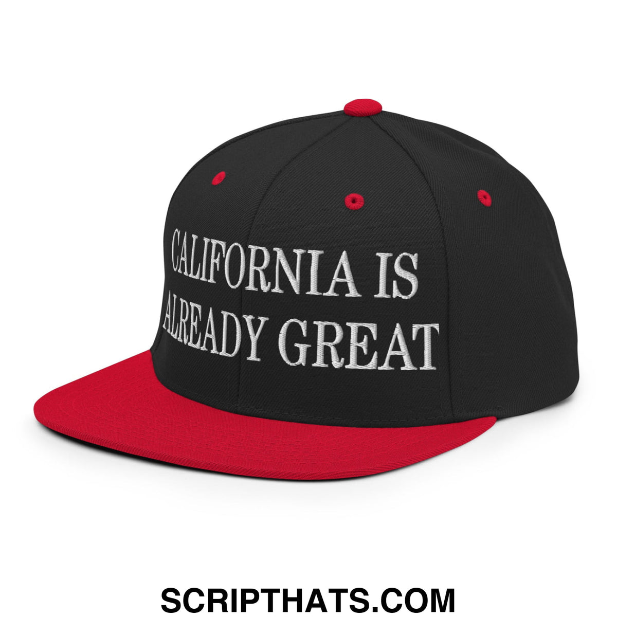 Black and red snapback cap with white embroidered california is already great text on front flat bill brim hat