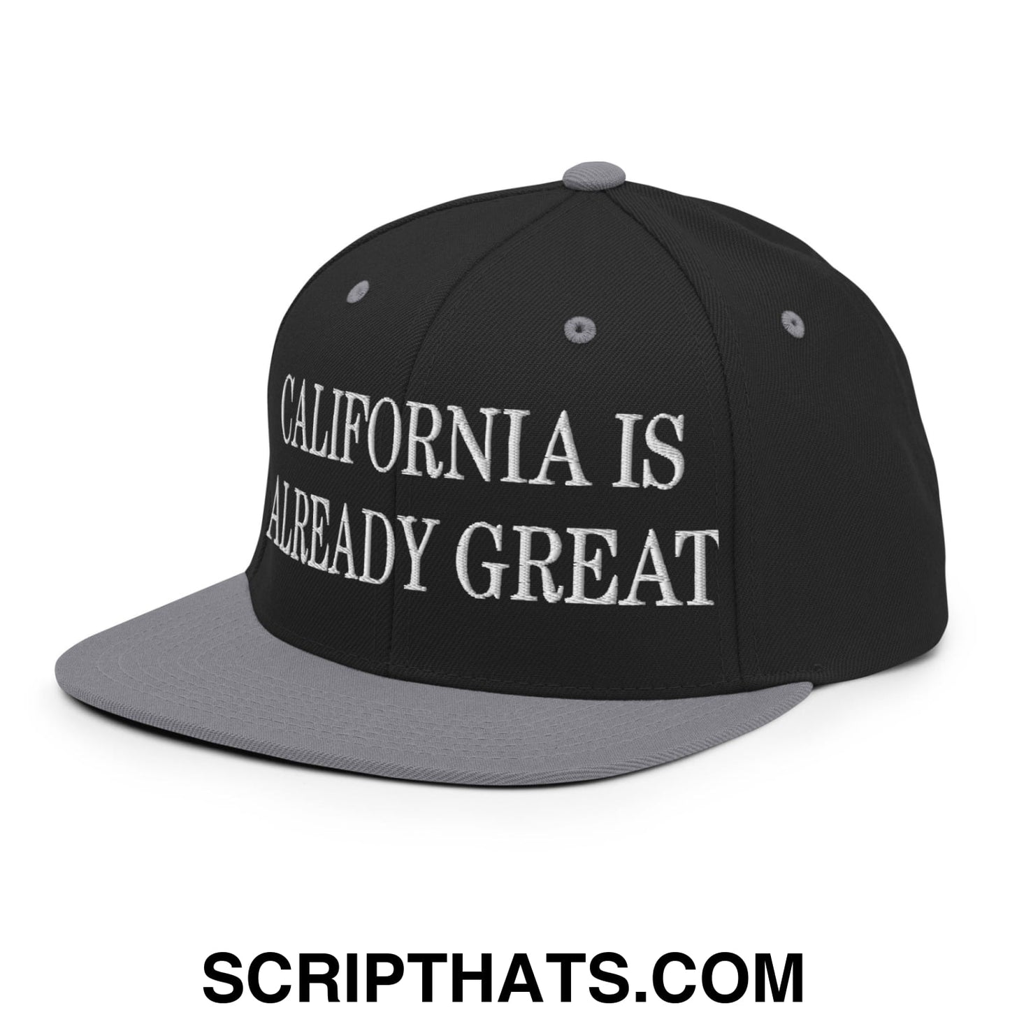 California is Already Great Embroidered Flat Bill Brim Snapback Hat Black Silver