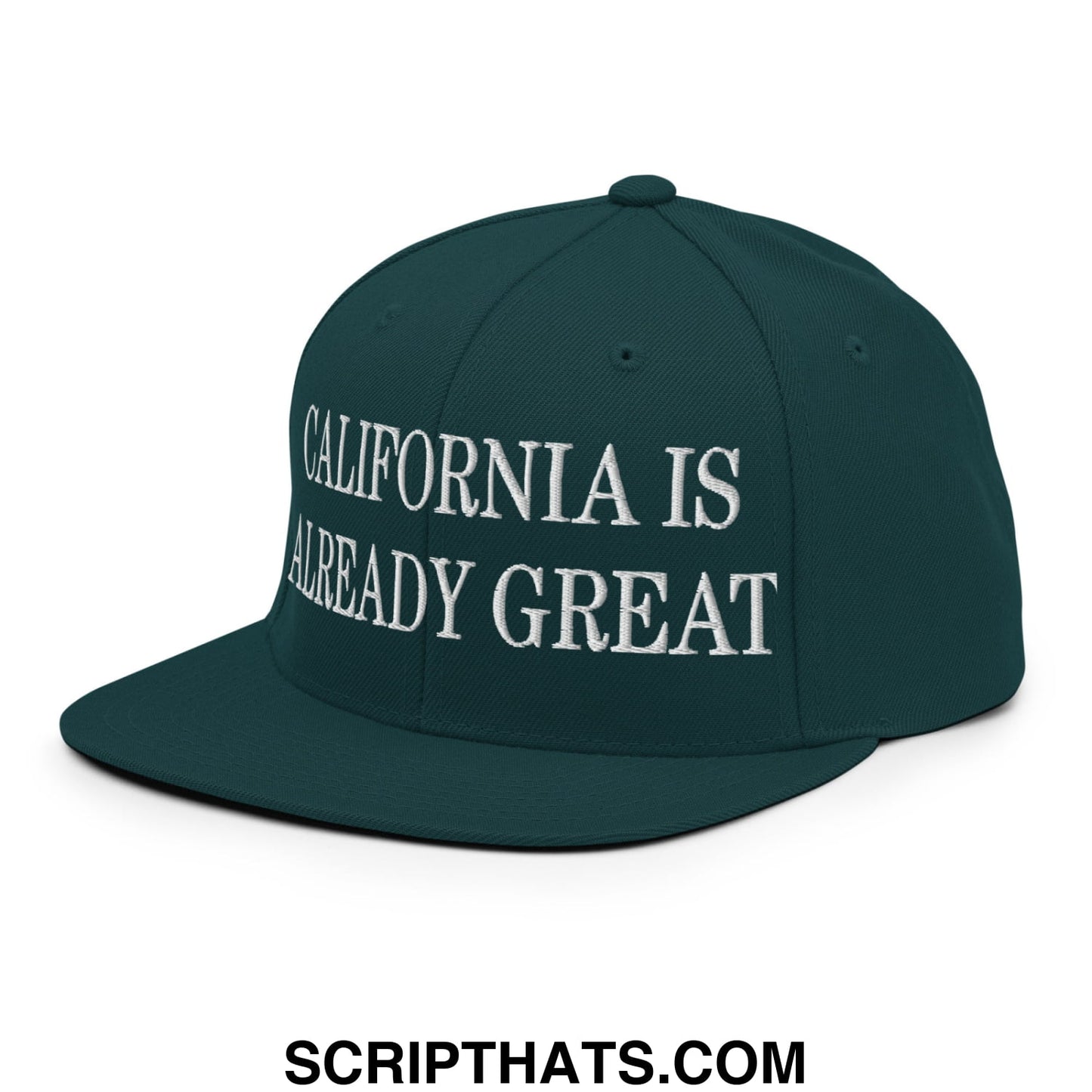 Dark green snapback cap with white embroidered california is already great text and flat bill brim design