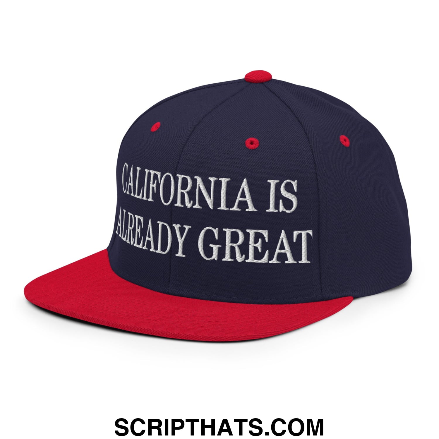 Navy blue and red snapback hat with white embroidered california is already great text and flat bill brim design