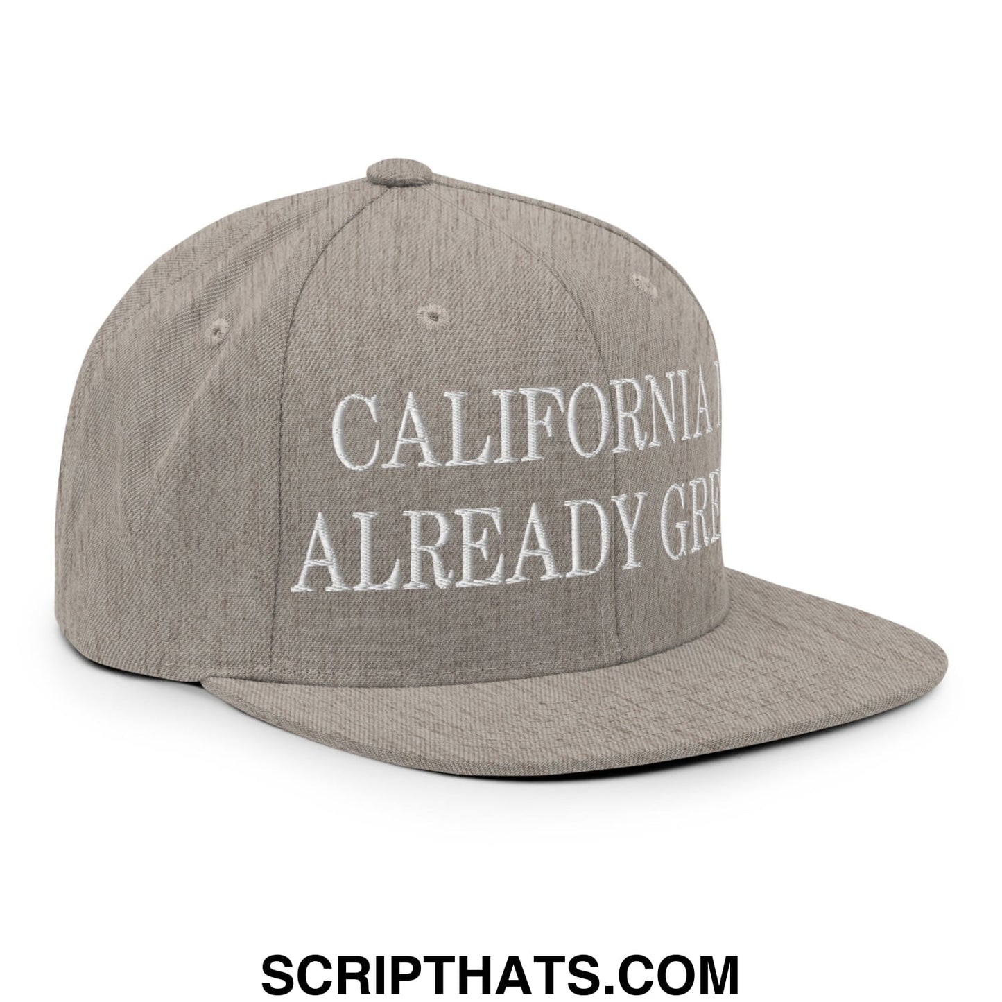 Gray snapback hat with white embroidered california is already great text and a flat bill brim design