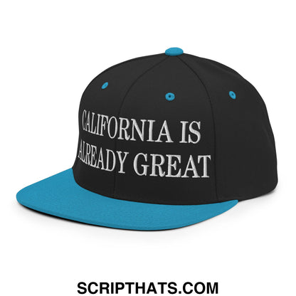 Black snapback hat with teal flat bill and button featuring white embroidered california is already great text