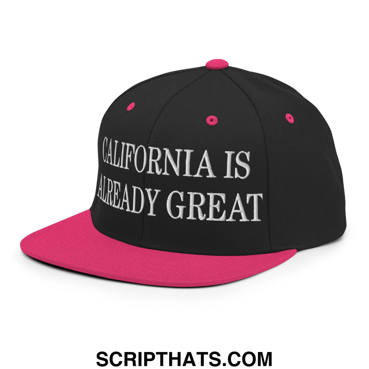 Black and pink snapback cap with white embroidered california is already great text on front flat bill brim hat