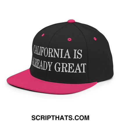 Black and pink snapback cap with white embroidered california is already great text on front flat bill brim hat