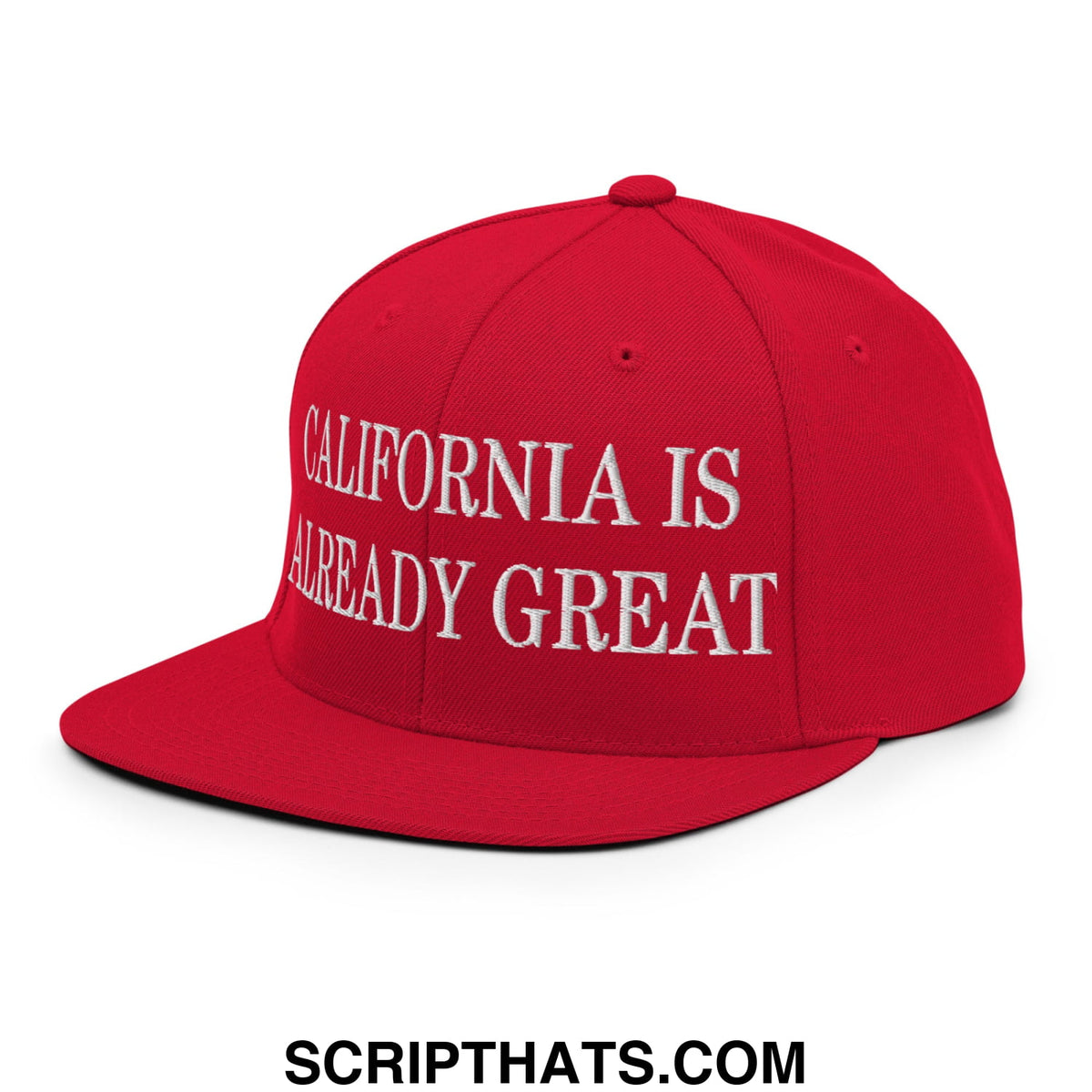Red snapback cap with white embroidered california is already great text and flat bill brim design