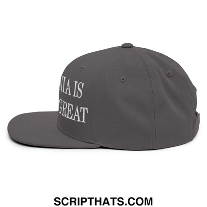 Dark gray flat bill snapback hat with white embroidered nia is great text on the side california is already great design