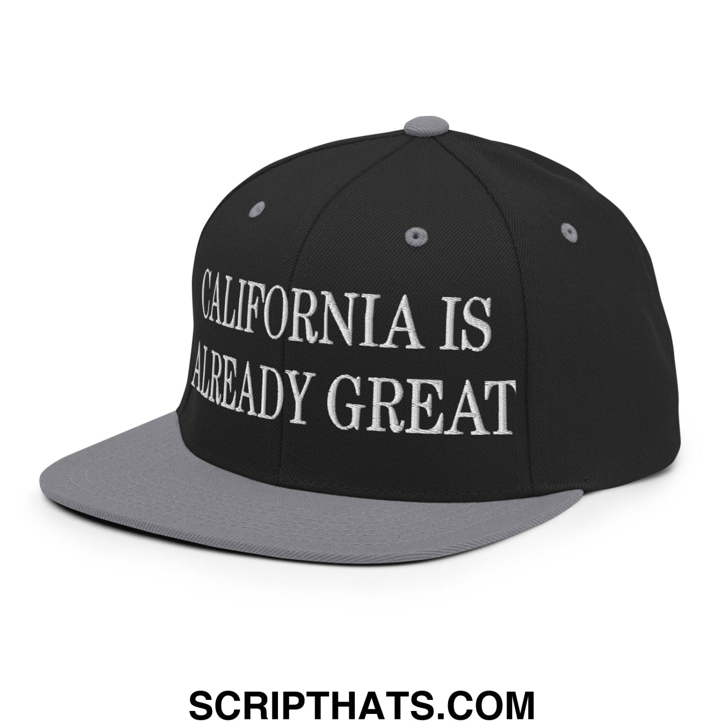 Black and gray snapback hat with white embroidered california is already great text and flat bill brim
