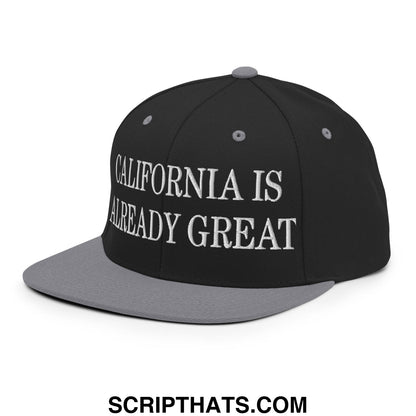 Black and gray snapback hat with white embroidered california is already great text and flat bill brim