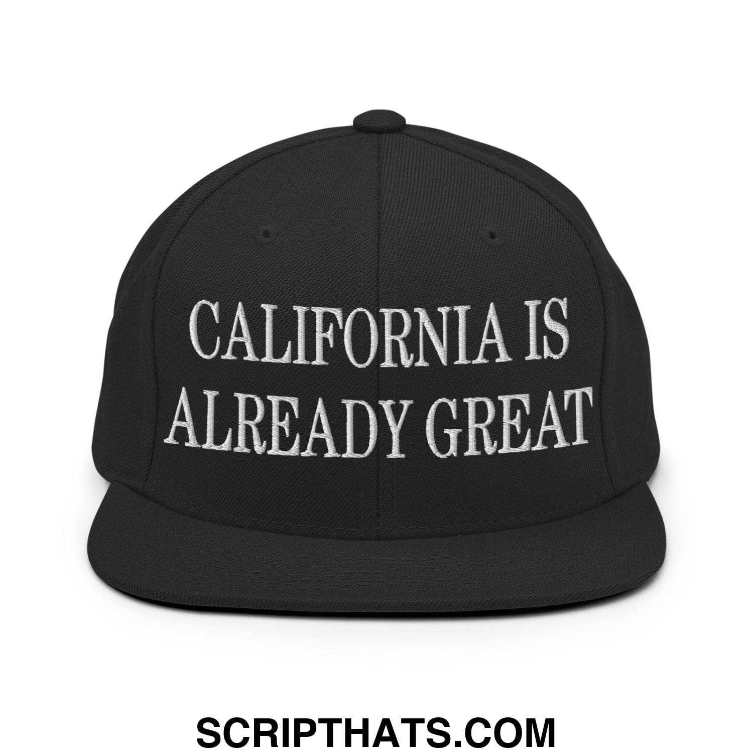 Black snapback hat with white embroidered california is already great text and flat bill brim design